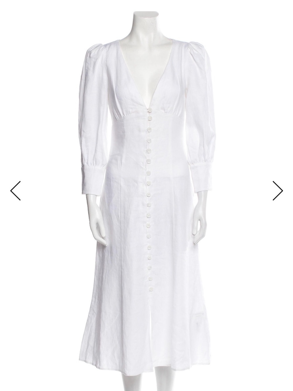 Reformation White V-Neck Button-Front Midi Dress with Puff Sleeves